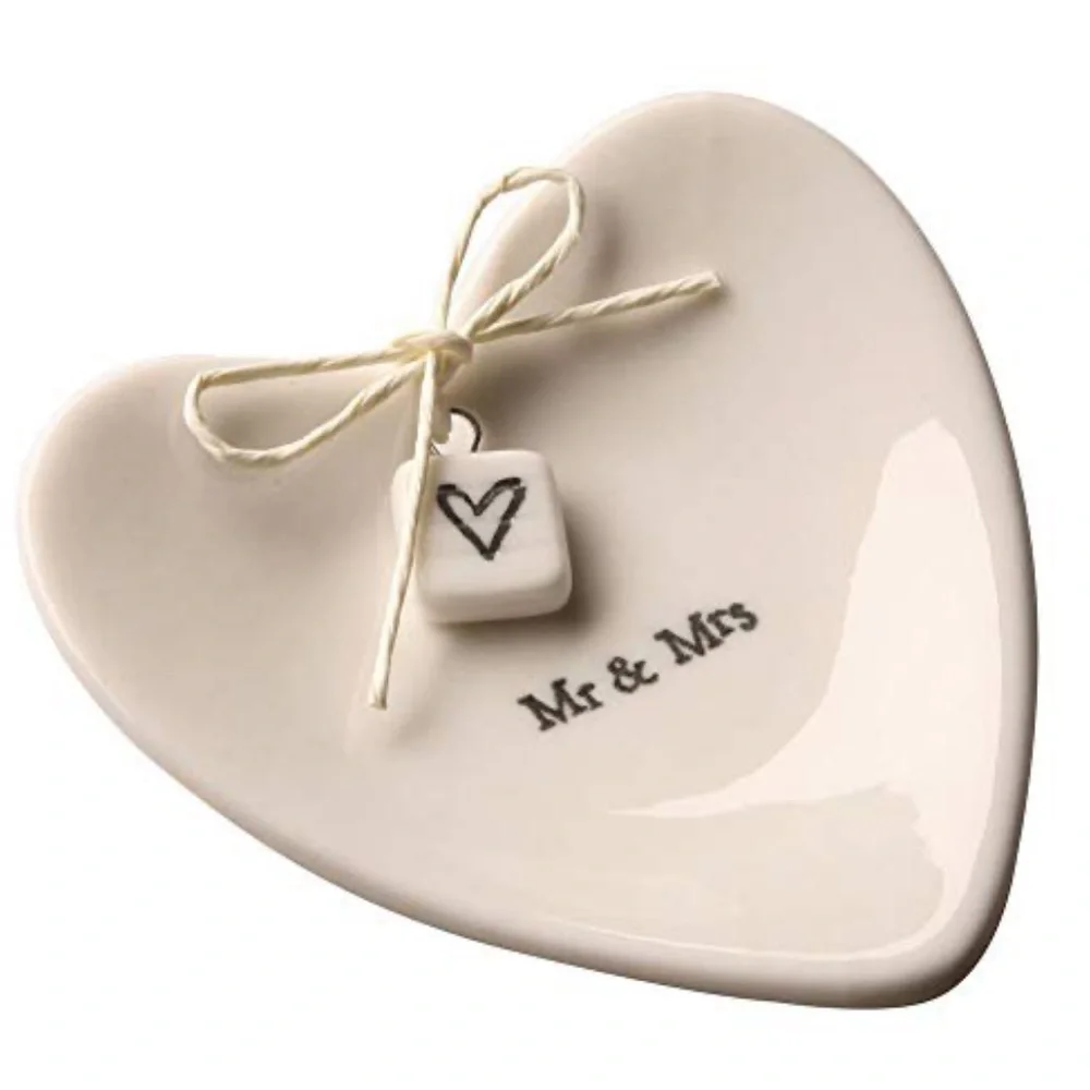 NWT East of India Mr & Mrs Heart-Shaped Ring Dish in Gift Box, Porcelain